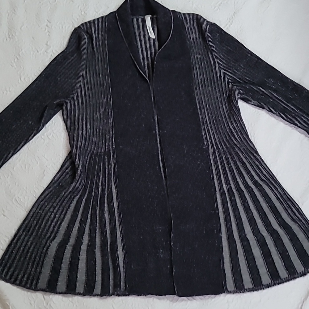 NY Collection Marled Ribbed Open-Front Long Cardigan Sweater Navy/White Size L